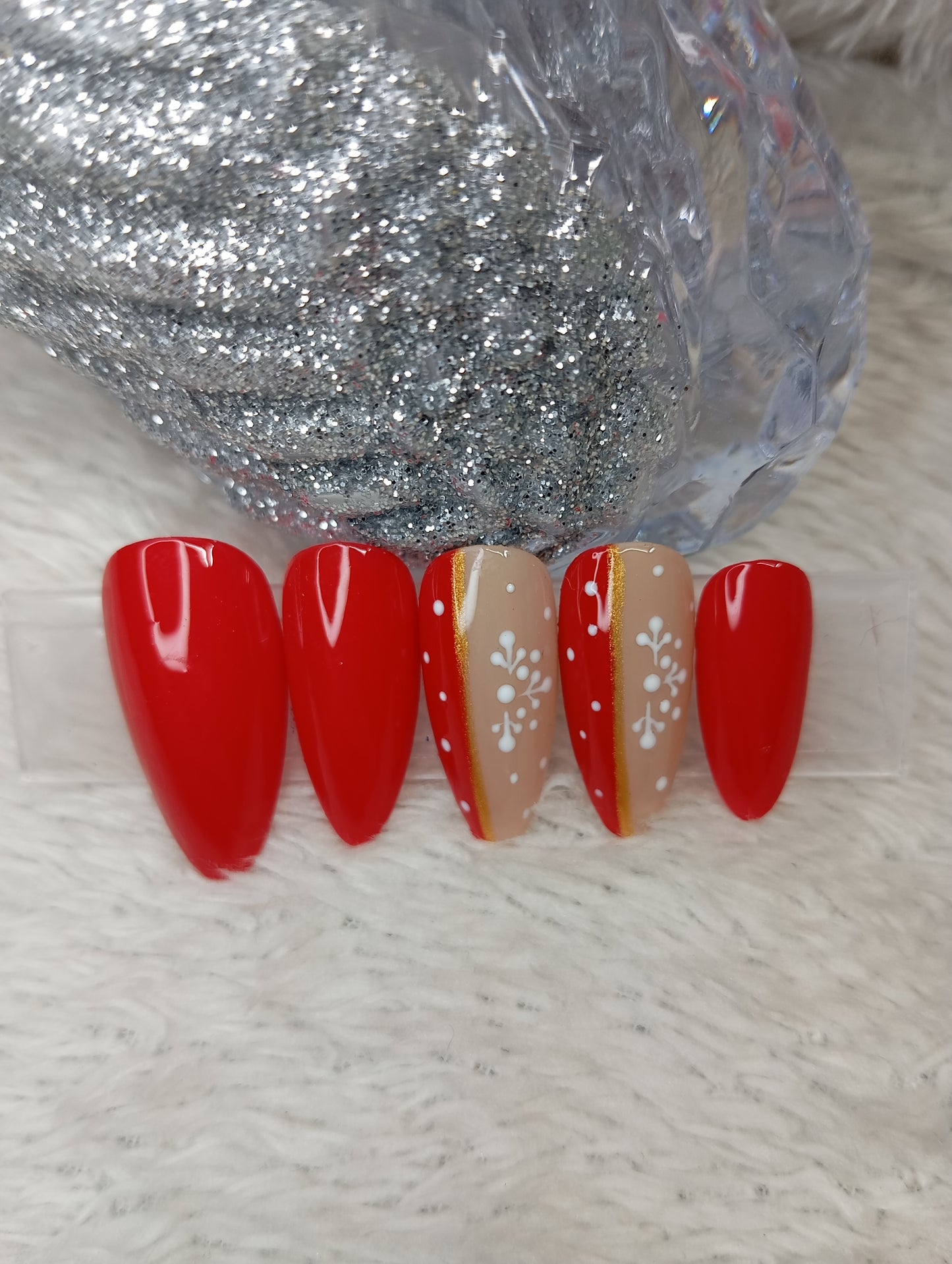 Set Press On Nails “Red & Gold Snowflake” ⭐