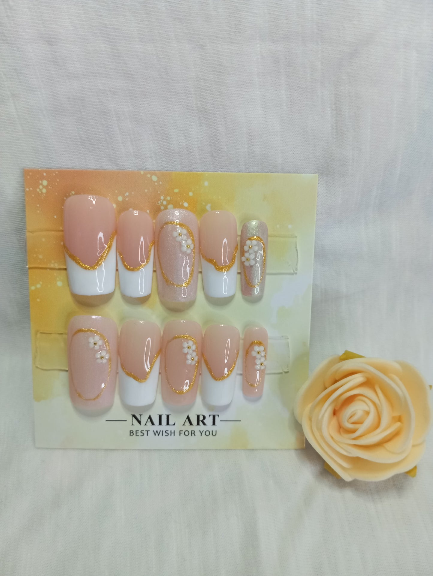 Press-On Nails "FRENCH GOLD FLOWER"