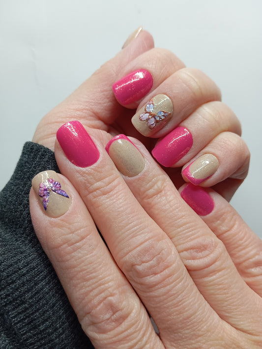 💅 Press-On Nails – Rose Fuchsia & Nude Papillon Cristal