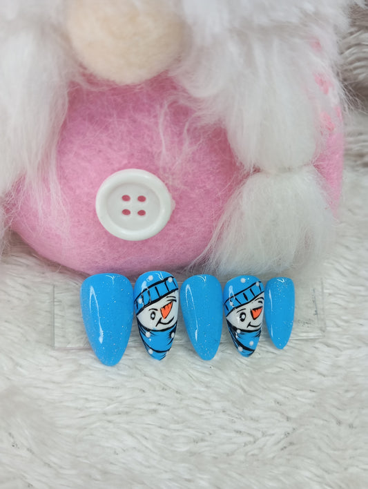 Press-On Nails "Bonhomme de Neige Bleu Givré"