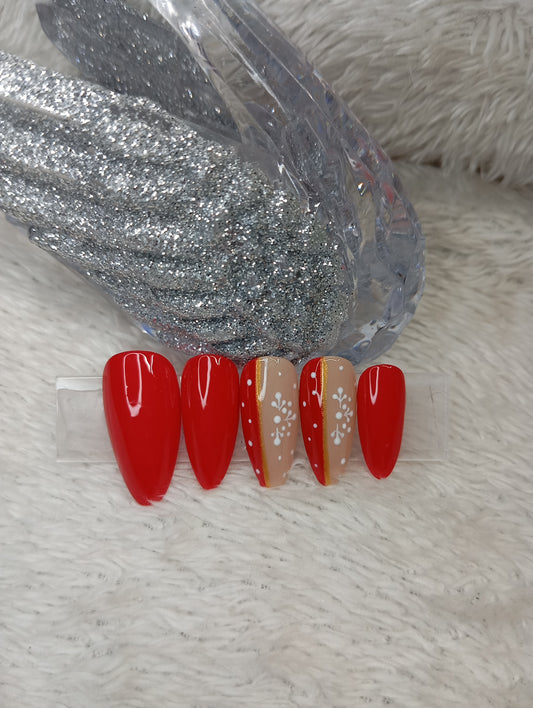 Set Press On Nails “Red & Gold Snowflake” ⭐